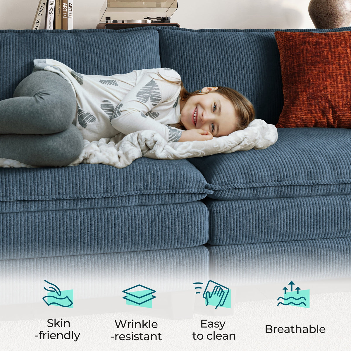 LINSY Home Modular Sectional Sofa for Living Room, U-Shaped Cloud Sofa Couch with Corduroy Fabric, 4 Seater Sofa Couch with 2 Ottomans, Blue