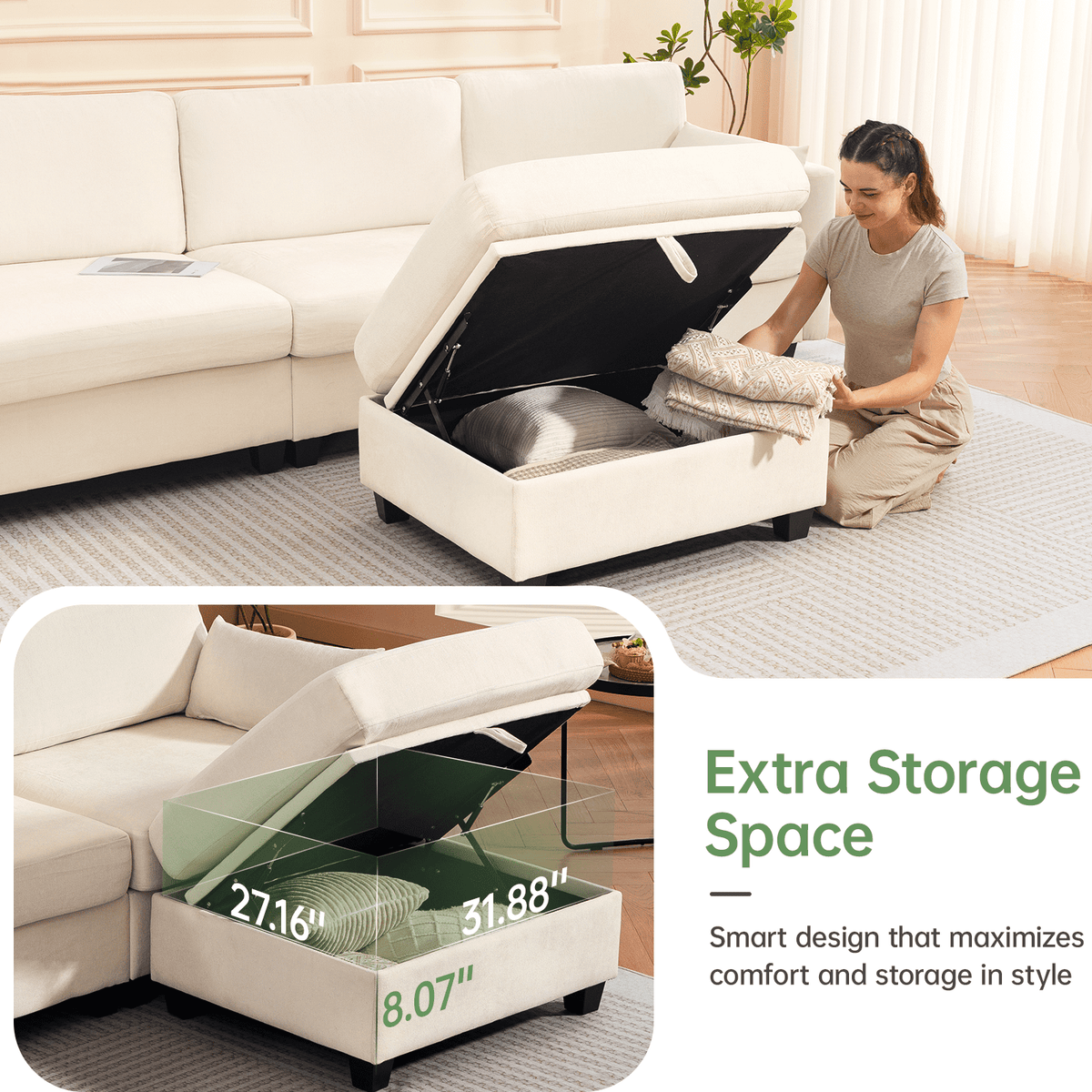 109" Modular L-Shaped Sectional Sofa, Convertible 4-Seat Sleeper Couch with Storage Ottoman, Movable Ottomans, Oversized Deep Seat for Living Room Apartment