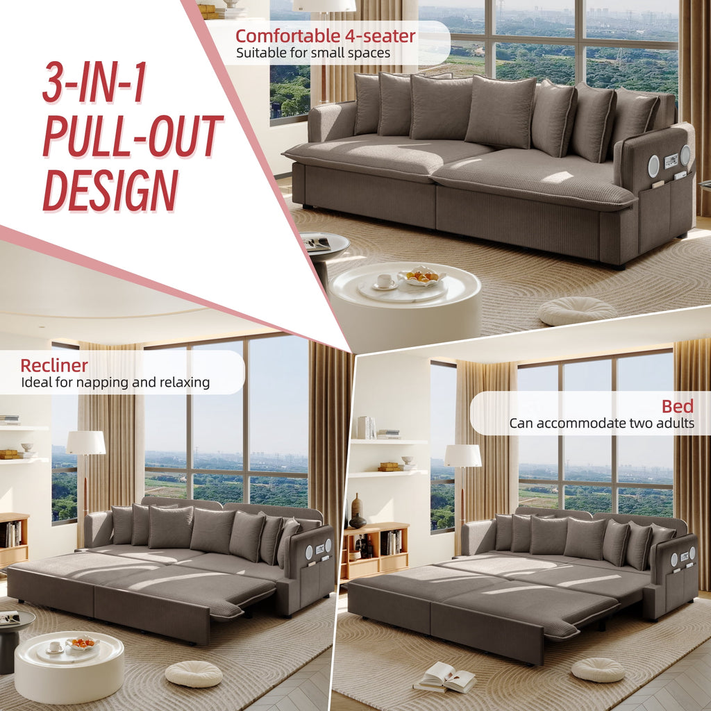  Pull Out Sofa Bed King Size, 82" Loveseat Sofa with Bluetooth Speakers, USB Ports, Side Pockets, Corduroy Sofa Couch Convertible Sofa Bed for Living Room Brown