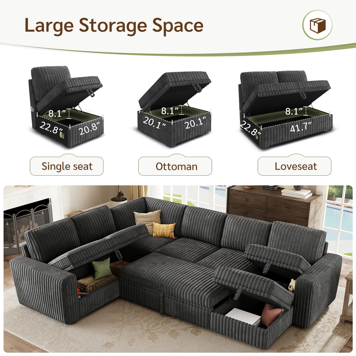 Marrber 106? Oversized Modern Plush Corduroy U-Shaped Modular 7-Seater Pull-Out Sectional Sleeper Sofa Bed with Hidden Storage for Living Room and Apartment, Easy Assembly, Dark Gray