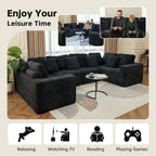  138.5" Sectional U Shaped Couch,Black Sectional Cloud Boneless Sofa For Living Room,Plush Corduroy Couches With Deep Seat Chaise Lounge,No Assembly Required