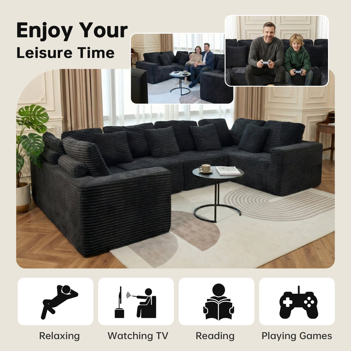  138.5" Sectional U Shaped Couch,Black Sectional Cloud Boneless Sofa For Living Room,Plush Corduroy Couches With Deep Seat Chaise Lounge,No Assembly Required