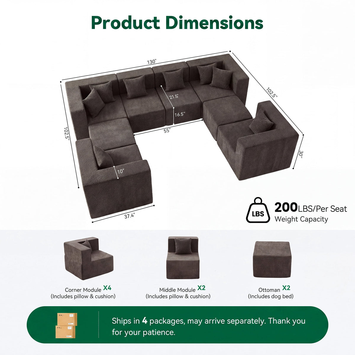  130" 8-Piece Modular Sectional Sofa with Ottomans, U-Shaped Pit Couch for Living Room, Modern Teddy Fabric Cloud Couch Set, Large Sleeper Sofa with Deep Seats, Coffee Brown