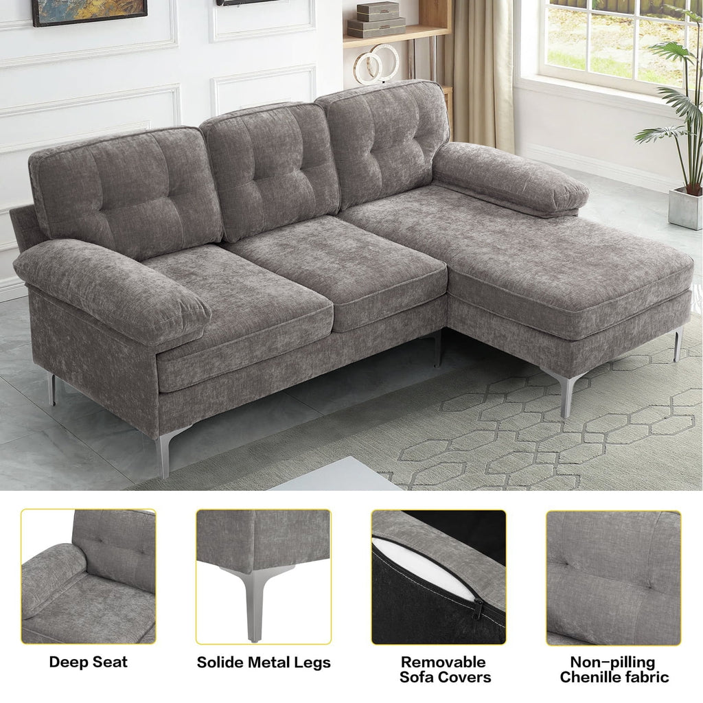 INGALIK Convertible Sectional Sofa Couch, L-Shaped Couch with Reversible Chaise Lounge, Chenille Fabric Modern Sofa for Living Room, Apartment, Office, 3 Seats, Gray
