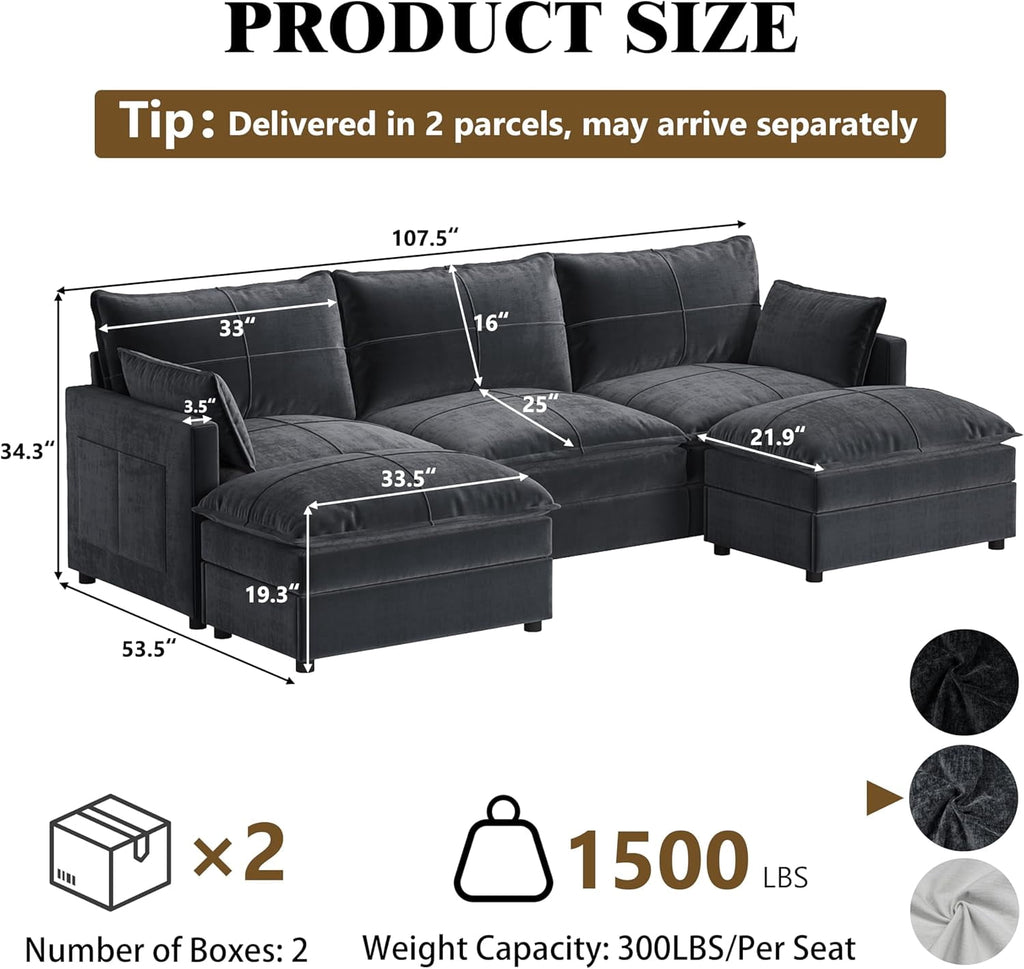 FANRAL 108" U-Shaped 5 Seat Modular Sectional Sofa, Sleeper Couch with Ottoman & Side Pockets, Modern Deep Seat Cloud Couch with Chaise for Living Room Bedroom Office,Gray Sectional Couch