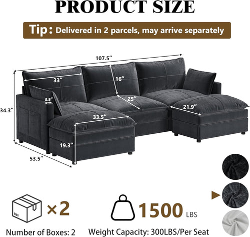 FANRAL 108" U-Shaped 5 Seat Modular Sectional Sofa, Sleeper Couch with Ottoman & Side Pockets, Modern Deep Seat Cloud Couch with Chaise for Living Room Bedroom Office,Gray Sectional Couch