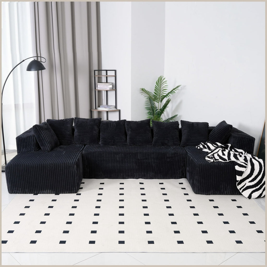  130" Black Sectional Modular Couch, U-Shaped Sofa with Chaise Lounge, Striped Corduroy Upholstered 4-Seater Sofa with Pillow Back and Square Arms