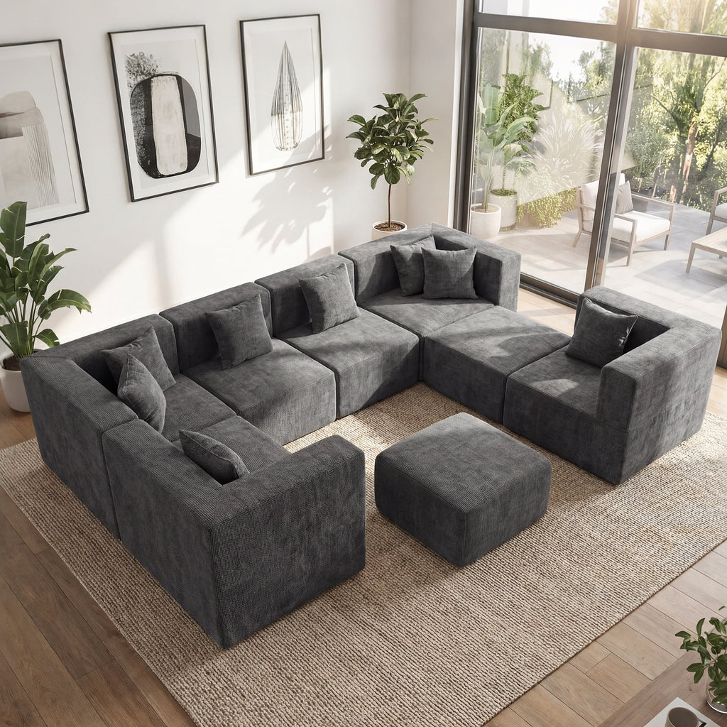  130" 8-Piece Modular Sectional Sofa, Boneless Cloud Couch with Extra Deep Seats, Washable Chenille Sofa Set for Living Room, Chenille Dark Gray