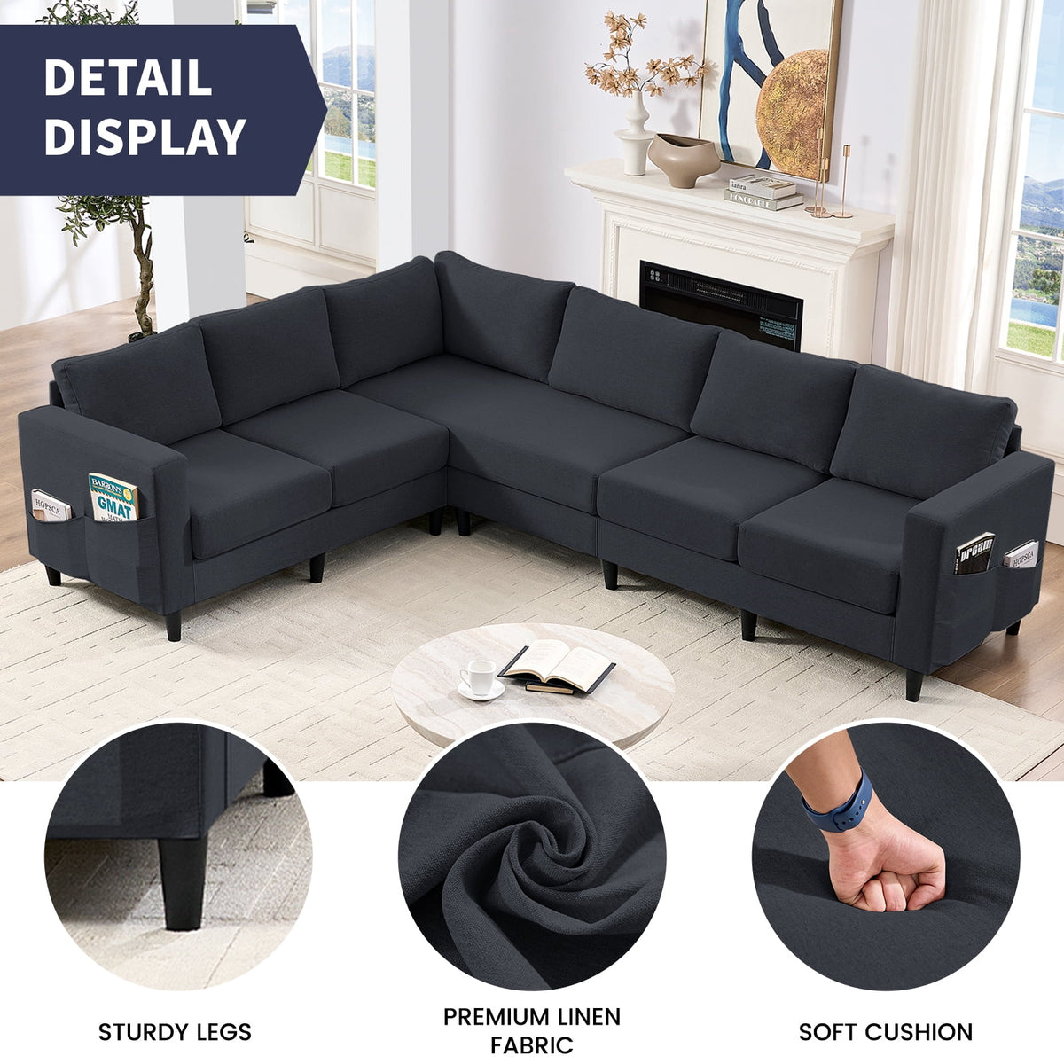 Puremind L Shaped Sofa, Oversized 5 Seat Corner Sofa with Side Pockets, Modern Linen Sectional Couches for Living Room/Apartment, Dark Gray
