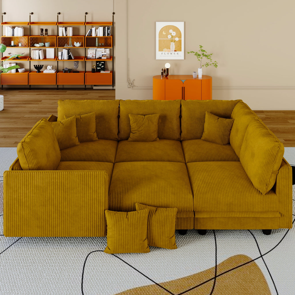  Modular Sectional Sofa, Modular Sectional Couch with Storage, 6 Seat Corduroy Oversized Sofa with 6 Back Cushion 6 Throw Pillow Yellow