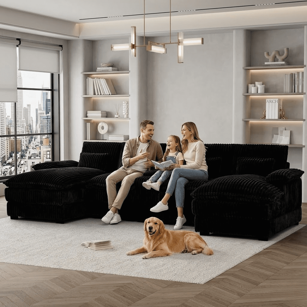  124" U Shaped Modular Sectional Sofa, 6 Seat Oversized Cloud Couch with Double Chaise & Central Console, Plush Corduroy Sectional Couch with USB Ports, for Living Room, Black