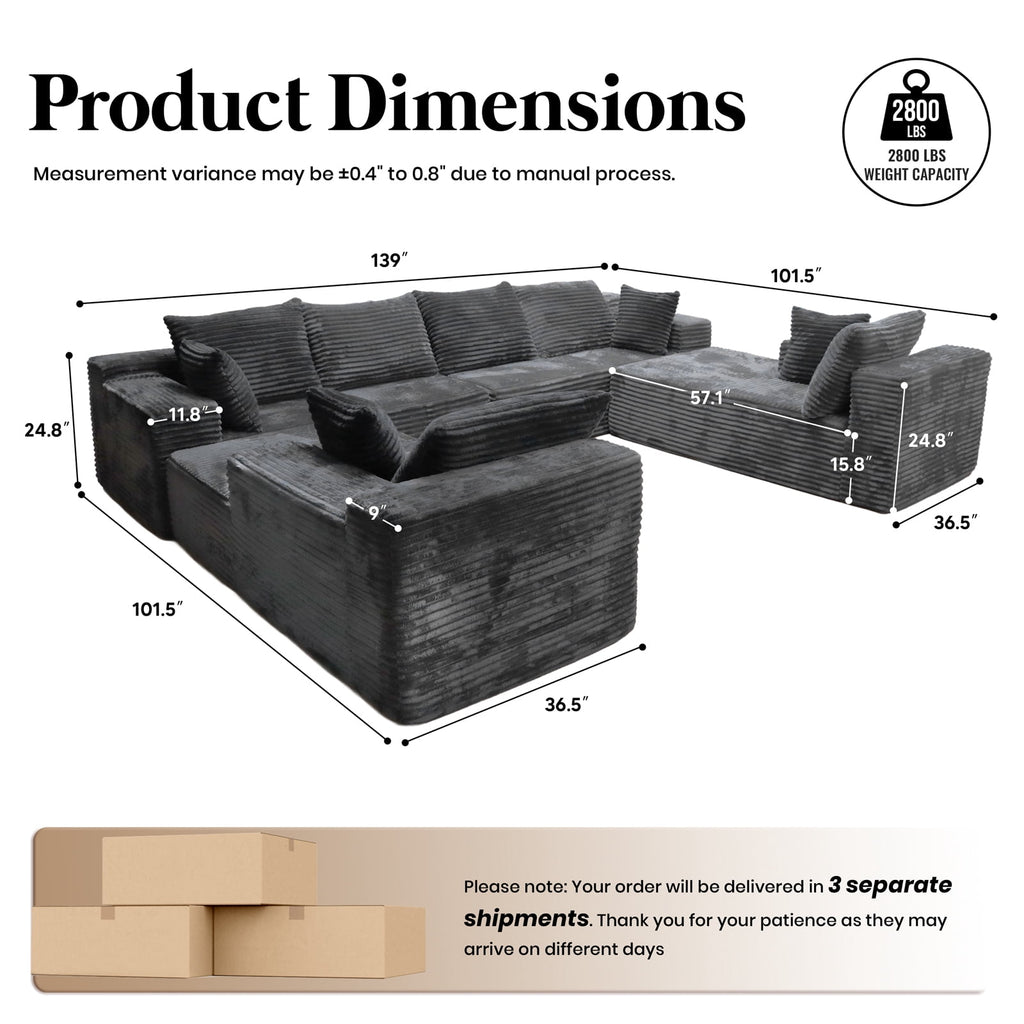 Kelyda 139'' U Shaped Sectional Couches, Modern Modular Boneless 8 Seater Large Foam Cloud Sofa Dark Grey