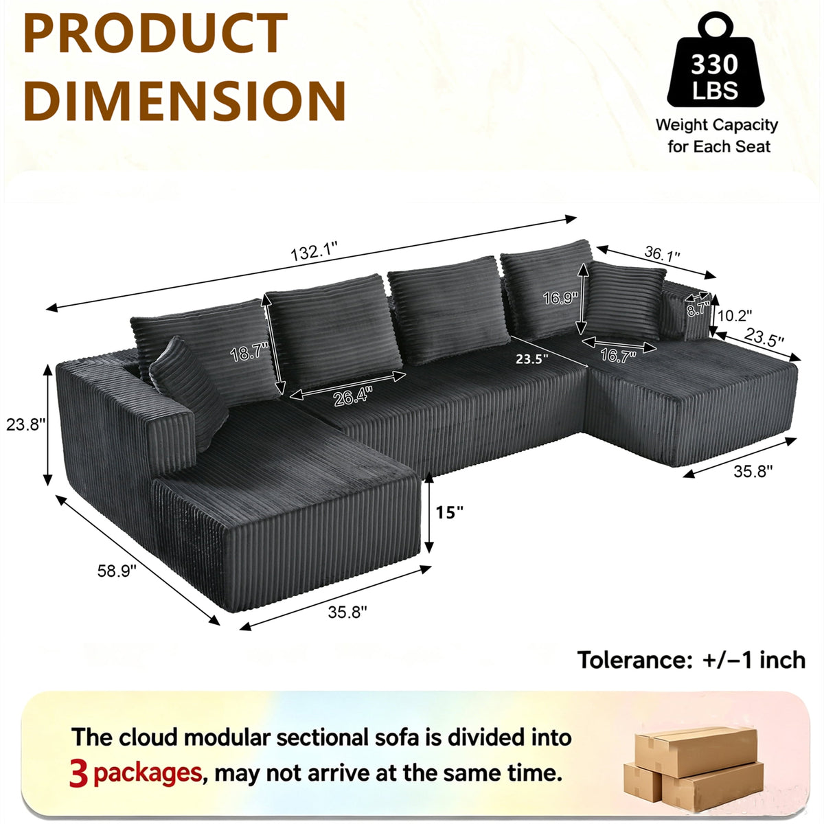  132" U Shape Cloud Sectional Sofa Oversized Modular Boneless Couch, Double Chaise Corduroy Sofa for Living Room, Dark Gray