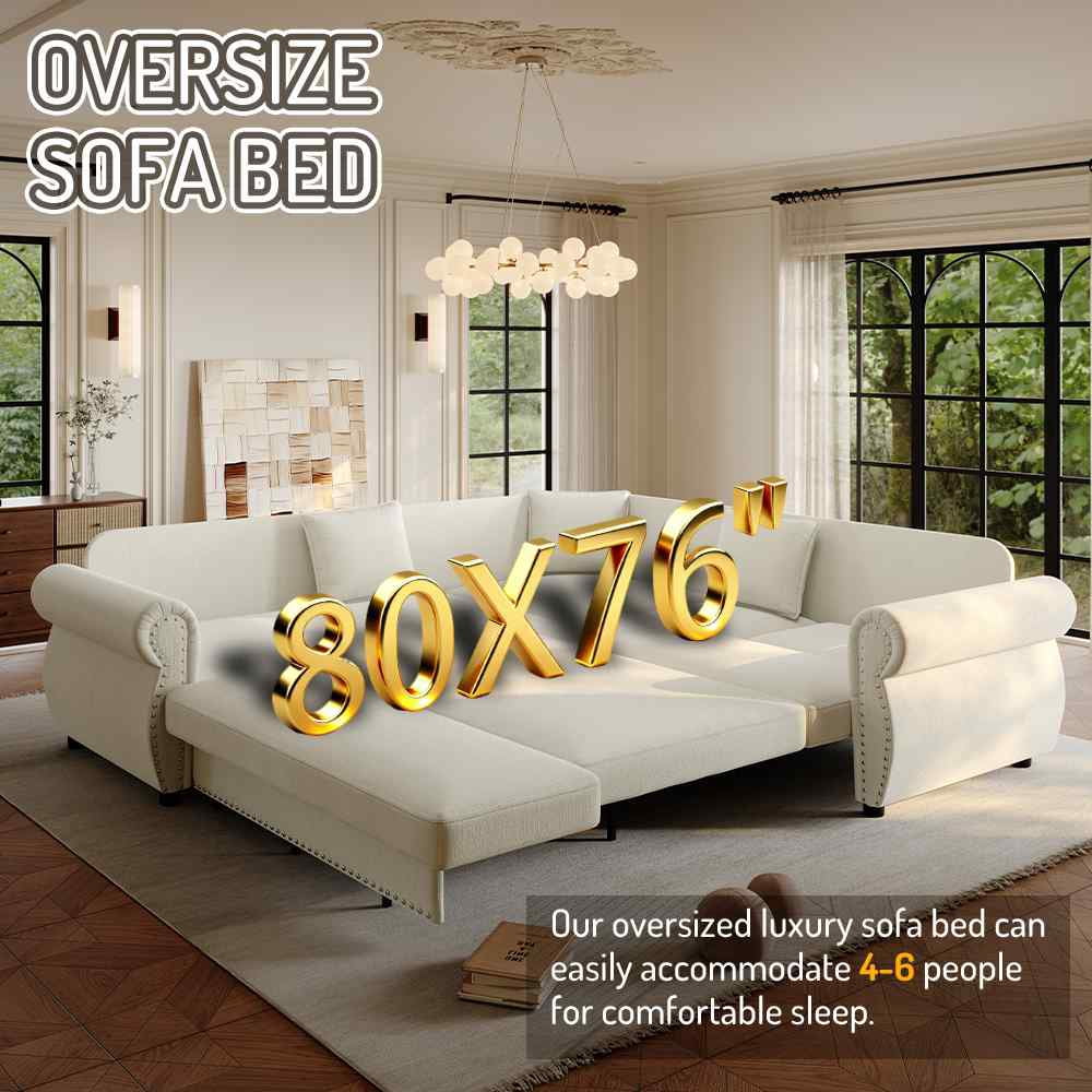 FFH 88.2" Sectional Sofa with Pull Out Bed, Convertible Sleeper Sofa, 5 Seater Chenille Couch for Living Room, Beige