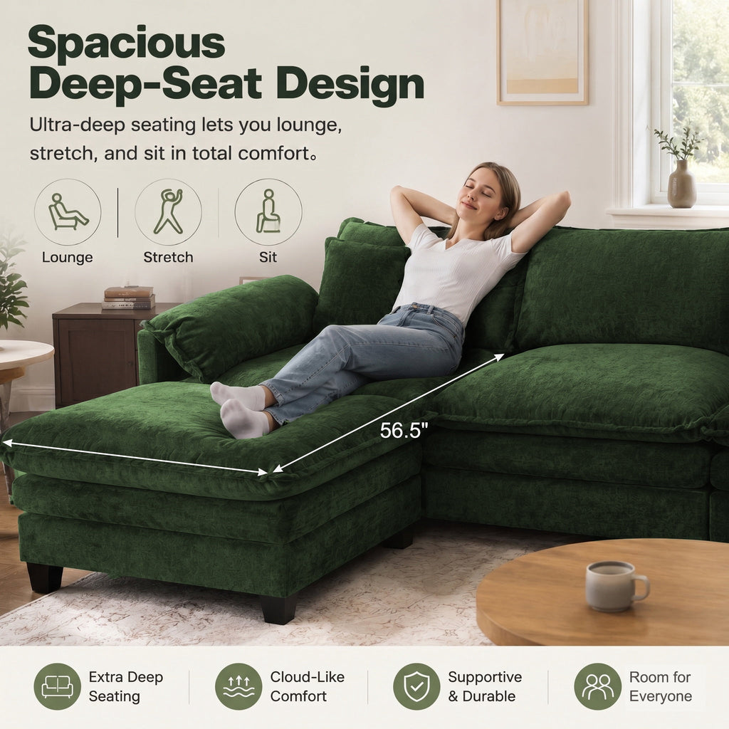 JULY'S SONG 113" L Shaped Couch Set, Deep Seat Modular Sectional Sofa with Movable Ottoman, Plush Couches and Sofas Detachable Cushions, Chenille Sectionals for Living Room, Green