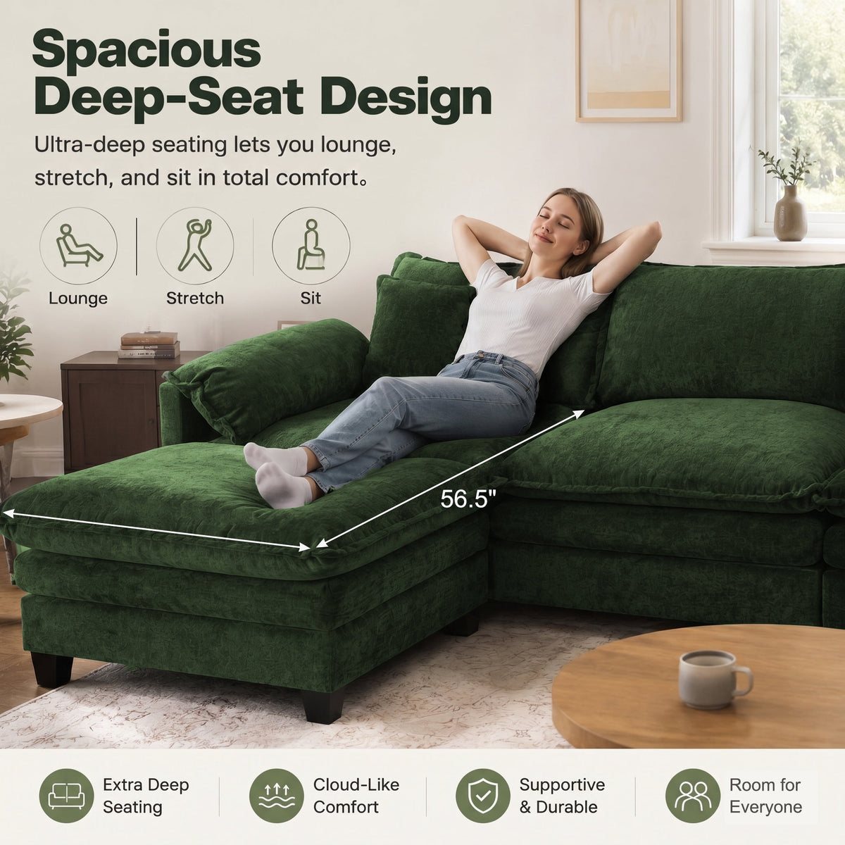 JULY'S SONG 113" L Shaped Couch Set, Deep Seat Modular Sectional Sofa with Movable Ottoman, Plush Couches and Sofas Detachable Cushions, Chenille Sectionals for Living Room, Green