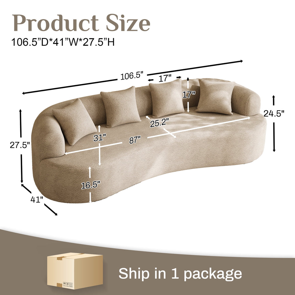 Wiilayok 106.5"Modern Chenille Sofa,Curved Sofa with Deep Seat,Cloud Compression Sofa Couch for Living Room,No Assembly,Light Brown