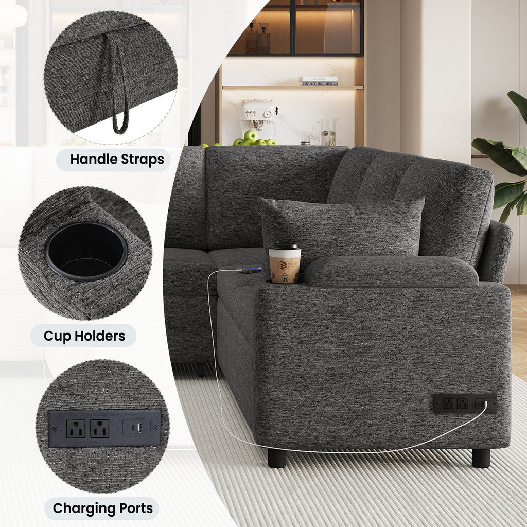 109.9" Sectional Sofa Versatile Sofa Bed Sleeper U-shaped with Storage,Two Cup Holders and Charging Ports for Living Room,Grey