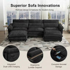  113" Modular Sectional Sofa, U-Shaped 3 Seater Cloud Couch with Movable Ottoman, Deep Seat Chenille Sofa with USB Charging Ports & Side Pockets for Living Room, Black