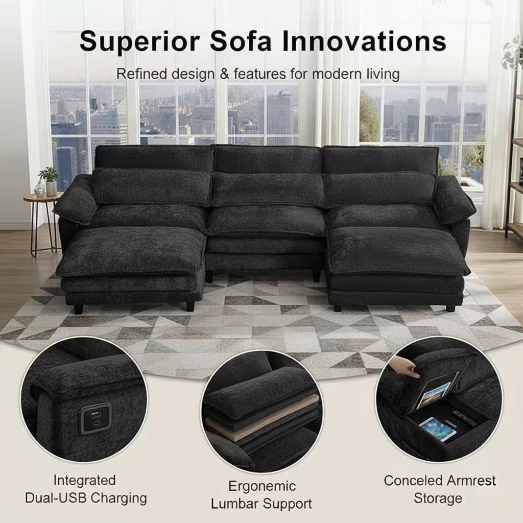  113" Modular Sectional Sofa, U-Shaped 3 Seater Cloud Couch with Movable Ottoman, Deep Seat Chenille Sofa with USB Charging Ports & Side Pockets for Living Room, Black
