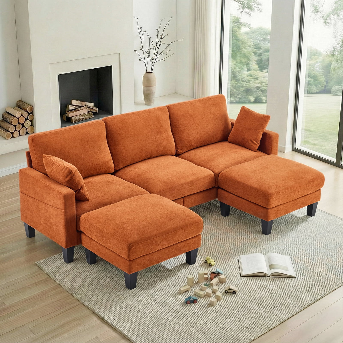  U-Shaped Sofa with 2 Removeable Ottoman Footrests, Flannel Deep Seating Couch for 3, Converts to Sleeper for Bedroom Living Room Furniture Orange