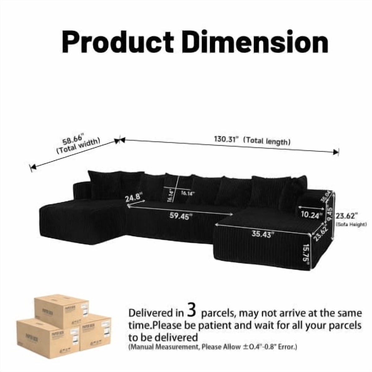  130" Black Sectional Modular Couch, U-Shaped Sofa with Chaise Lounge, Striped Corduroy Upholstered 4-Seater Sofa with Pillow Back and Square Arms