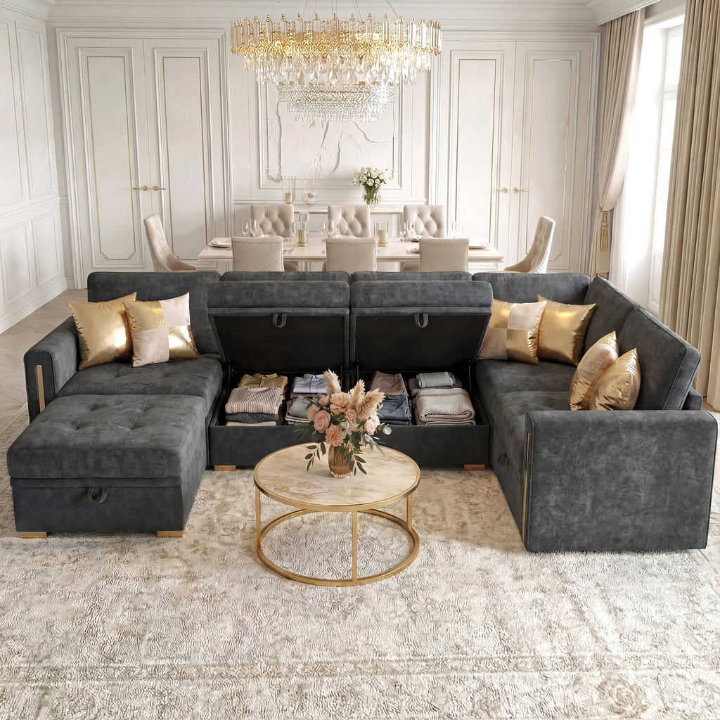 Advwin 126" U-Shaped Oversized Modular Sectional Sofa with Ottoman, Storage Under Each Seat & Gold Metal Accents, 5-Seater Modern Luxury Chenille Convertible Cloud Couch for Living Room, Dark Gray