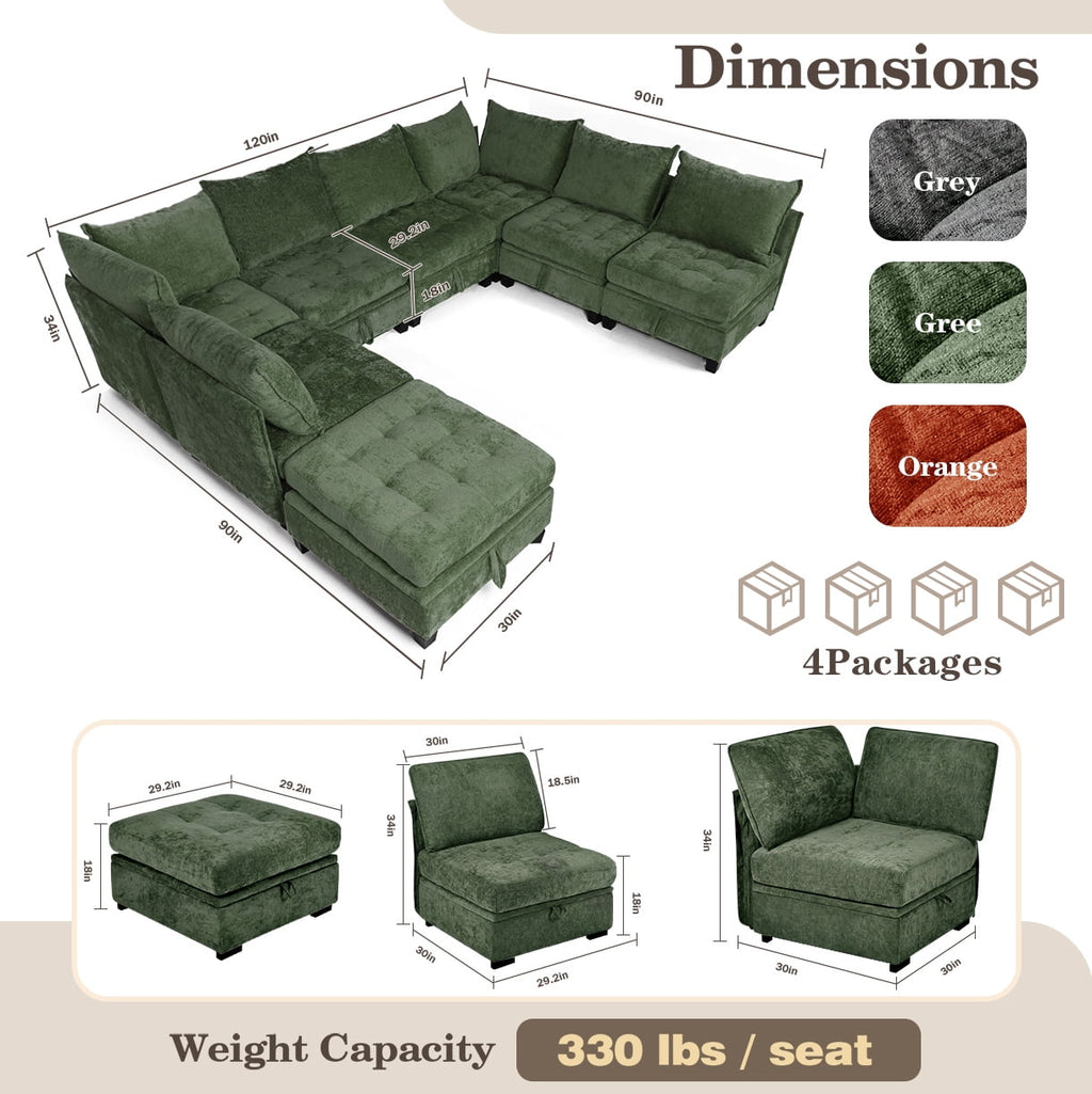 Advwin 7-Seater Oversized Modular Sectional Sofa with Ottoman & Storage Under Each Seat, Chenille Convertible Comfy Couch Sleeper with Extra Wide & Deep Seat for Living Room, Dark Green