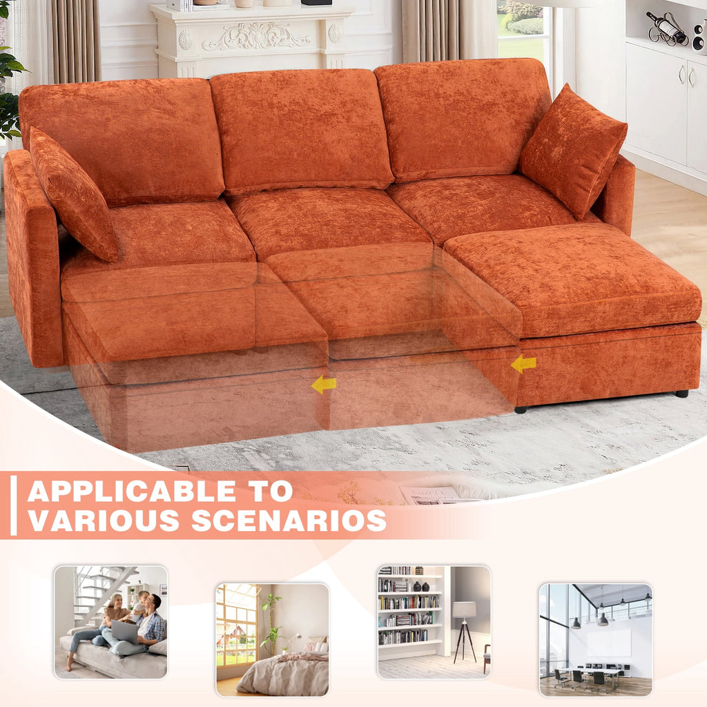 ACMEASE 84? Chenille 3 Seats Sofa W/Movable Ottoman, Modern Fabric L-Shaped Couch with Soft Backrest, Upholstered Sectional Sofa with Armrest Pillows for Living Room, Office,Orange