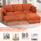 ACMEASE 84? Chenille 3 Seats Sofa W/Movable Ottoman, Modern Fabric L-Shaped Couch with Soft Backrest, Upholstered Sectional Sofa with Armrest Pillows for Living Room, Office,Orange