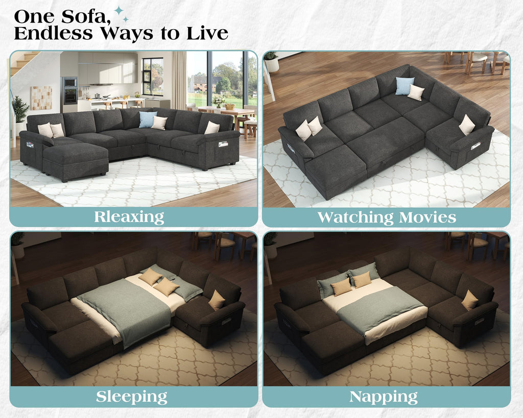 Papajet 105" Sofa Bed, Sectional Sleeper Sofa with Pull Out Bed/Reclining Backrest, 6 Seater Sleeper Couch Bed with Storage, Chenille Dark Gray