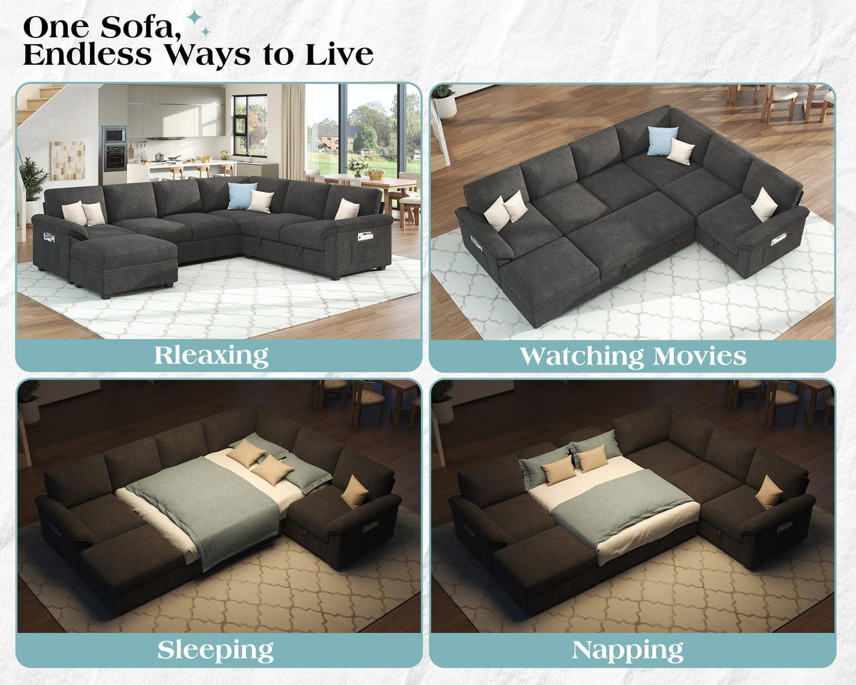 Papajet 105" Sofa Bed, Sectional Sleeper Sofa with Pull Out Bed/Reclining Backrest, 6 Seater Sleeper Couch Bed with Storage, Chenille Dark Gray