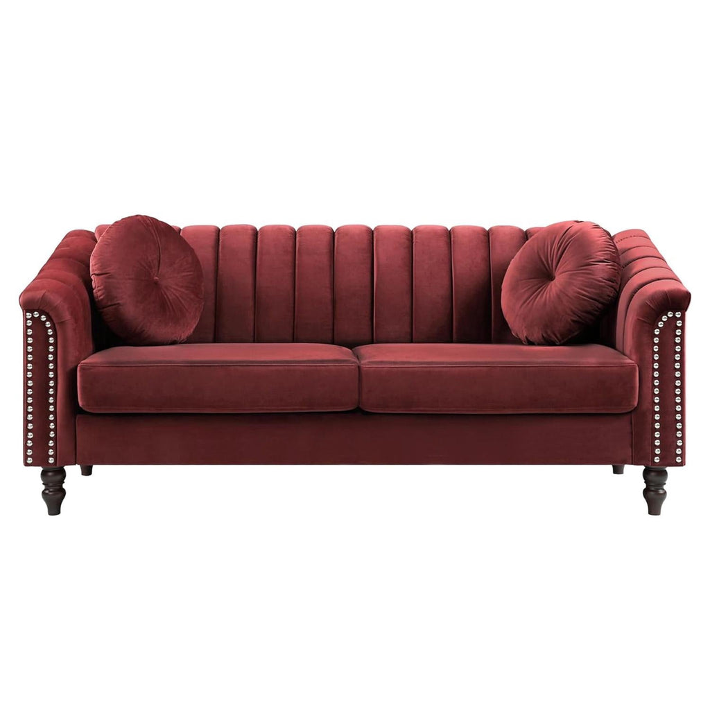  Chesterfield Velvet Sofa Couch with Nailhead Trim and 2 Pillows for Living Room,Red
