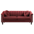  Chesterfield Velvet Sofa Couch with Nailhead Trim and 2 Pillows for Living Room,Red