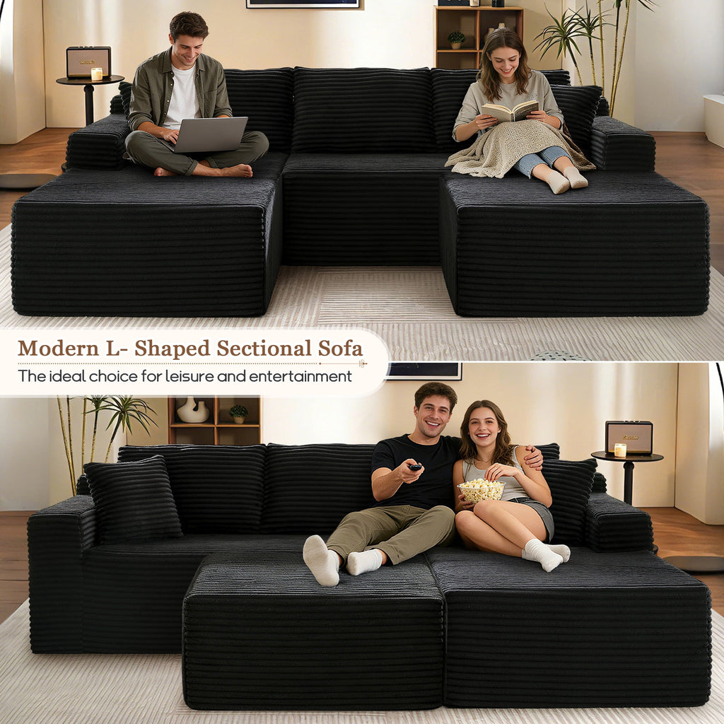 Muumblus Modular Sectional Sofa, Oversized U-Shape Cloud Couch, Modern Corduroy Sleeper Couches for Living Room, No Assembly Required, Black (Right Facing Chaise)