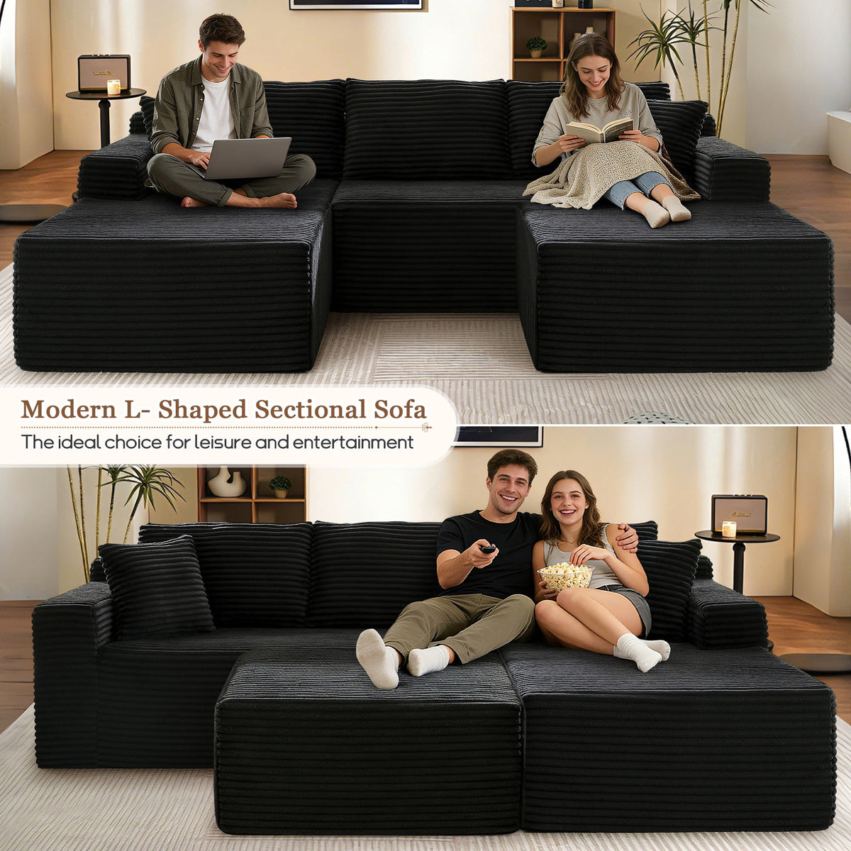 Muumblus Modular Sectional Sofa, Oversized U-Shape Cloud Couch, Modern Corduroy Sleeper Couches for Living Room, No Assembly Required, Black (Right Facing Chaise)