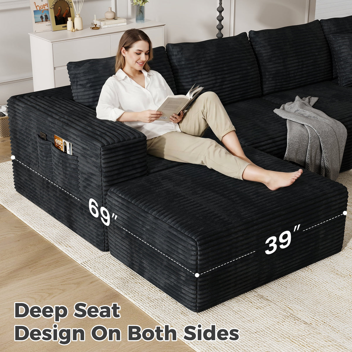 137" U-Shaped Sectional Sofa with Chaise, Modular Cloud Sectional Couch with Deep Seat for Living Room, Modern Boneless Couch with Back Cushion, Pillow, Ottoman, No Assembly Required, Corduroy Fabric