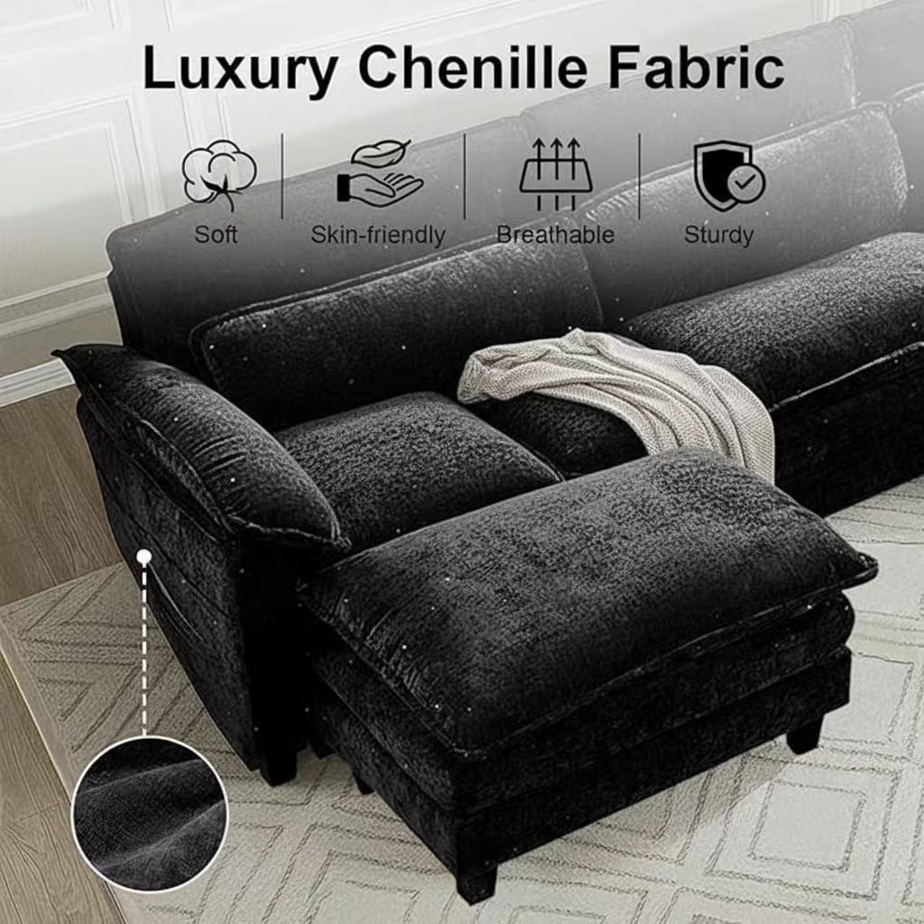  113" Modular Sectional Sofa, U-Shaped 3 Seater Cloud Couch with Movable Ottoman, Deep Seat Chenille Sofa with USB Charging Ports & Side Pockets for Living Room, Black