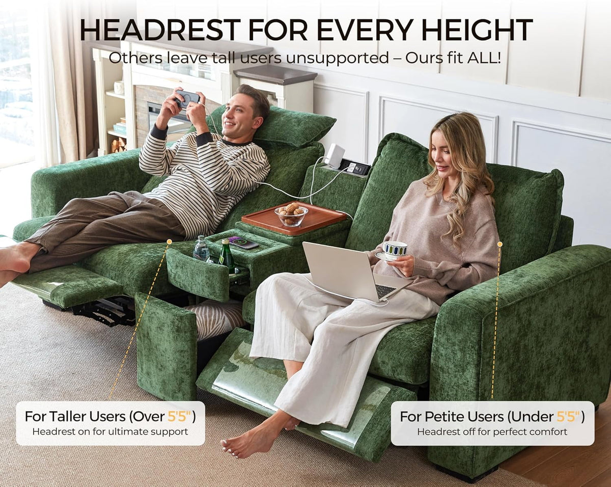 BEDEEP 125'' Power Recliner Sofa with Headrest, Modular Cloud Sectional Chenille Reclining Couch, Convertible 3-Seater Sofa Couch for Living Room RV, Green