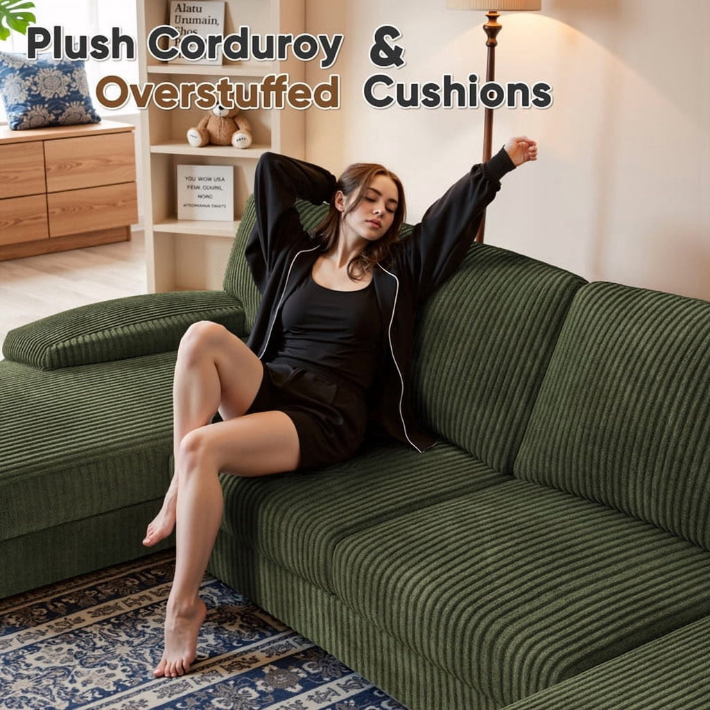  U Shaped Sectional Sofa Couch with Double Chaise for Apartments,Corduroy Green