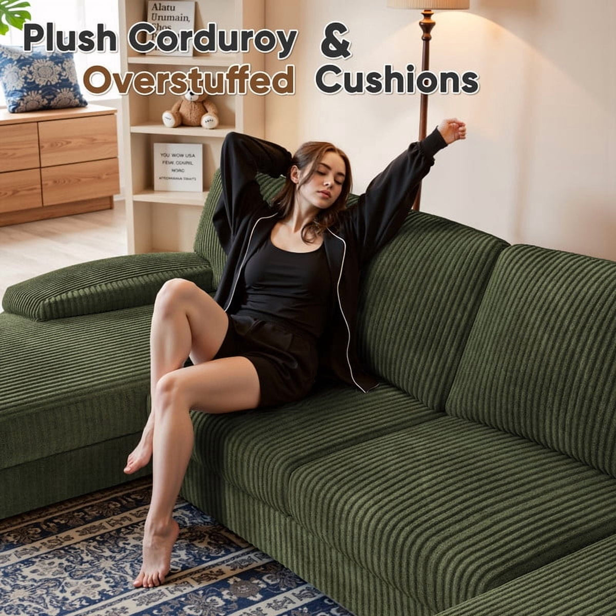  U Shaped Sectional Sofa Couch with Double Chaise for Apartments,Corduroy Green