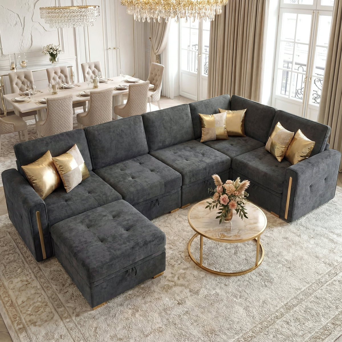 Advwin 126" U-Shaped Oversized Modular Sectional Sofa with Ottoman, Storage Under Each Seat & Gold Metal Accents, 5-Seater Modern Luxury Chenille Convertible Cloud Couch for Living Room, Dark Gray