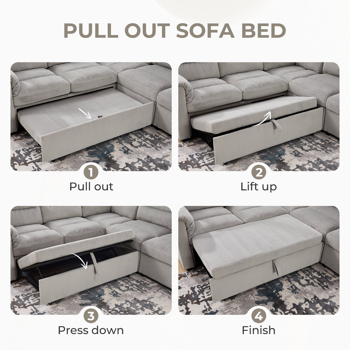  114 inch Sectional Sleeper Sofa with Pull Out Bed Convertible Corduroy Modular Sofa Upholstered Sofa Bed for Living Room Gray