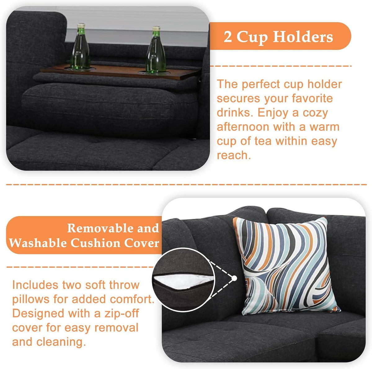  L Shaped Sectional Sofa, 4 Seater Couch with Chaise Lounge, Storage Ottoman, Cup Holders and Pillows, Modern Linen Fabric Couch for Living Room,Charcoal Gray