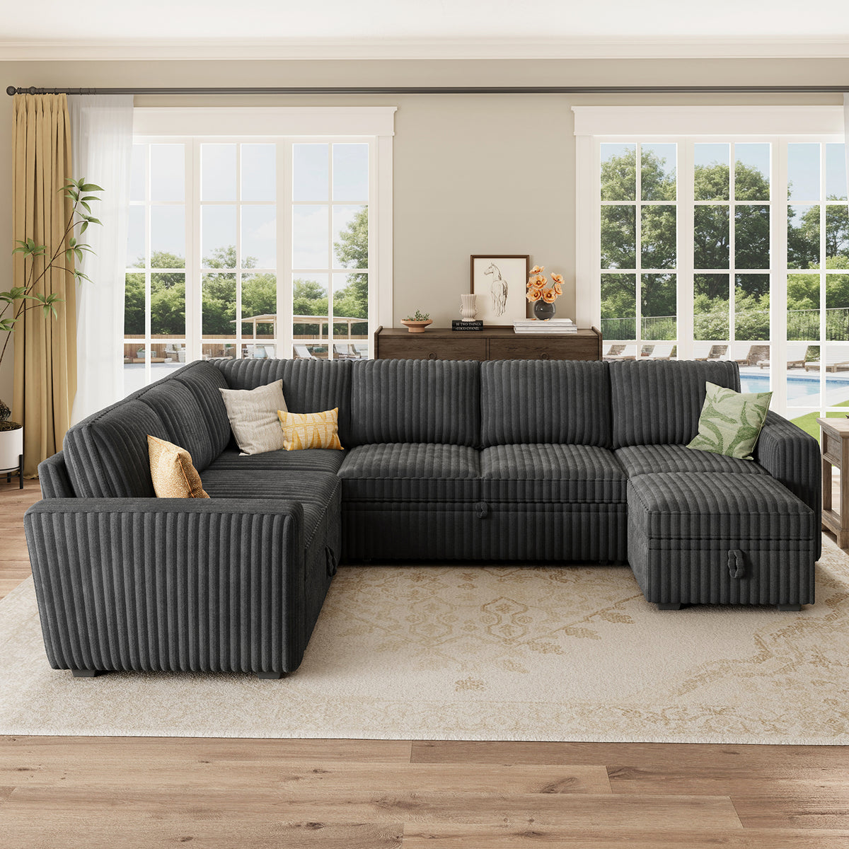 Marrber 106? Oversized Modern Plush Corduroy U-Shaped Modular 7-Seater Pull-Out Sectional Sleeper Sofa Bed with Hidden Storage for Living Room and Apartment, Easy Assembly, Dark Gray