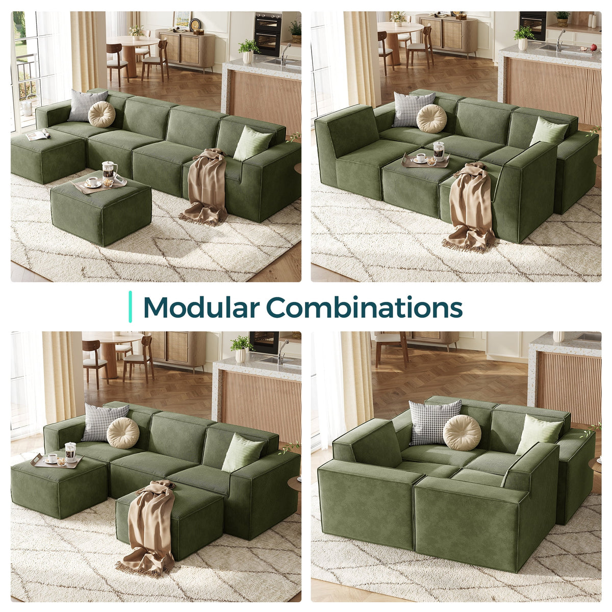  133.4" Modular Cloud Sectional Sofa for Living Room, U-Shaped Sofa Couch with Corduroy Fabric, 4 Seat Oversized Sofa with Movable 2 Ottomans, Green