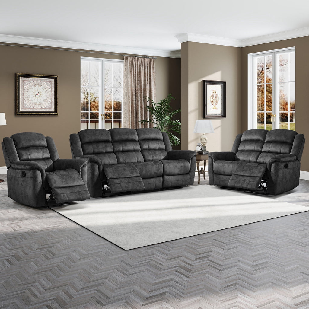  3-Piece Fabric Manual Recliner Sofa Set, Single Chair, Loveseat & 3-Seat Couch for Living Room Furniture