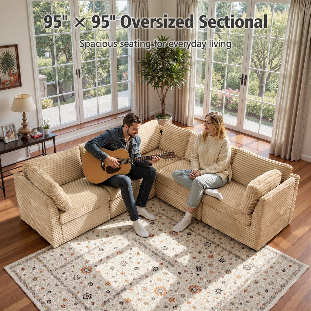  95" Modular Sectional Sofa Deep Seat L-Shaped Cloud Corduroy Couch for Living Room, 5 Seat, Beige