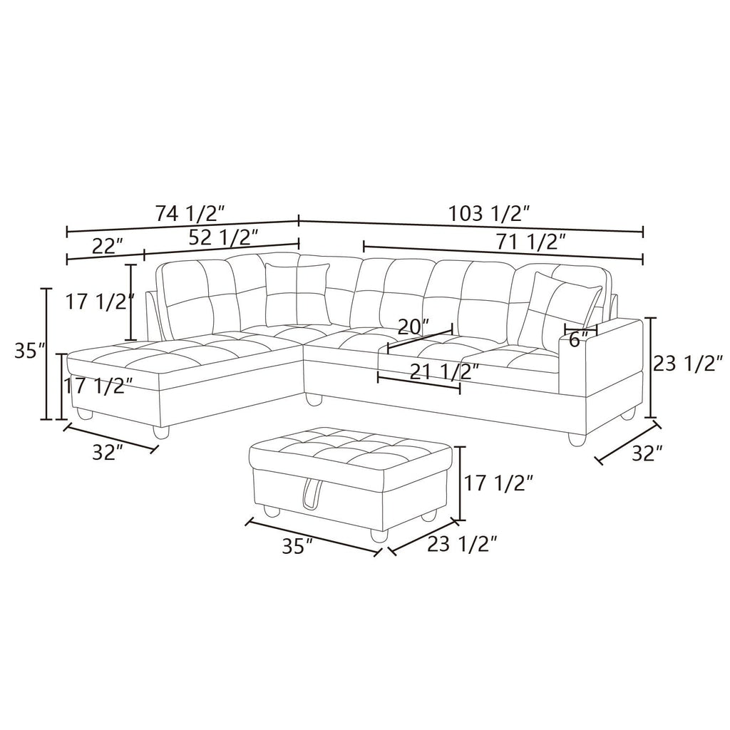 Hommoo Flannel&PVC L Shaped Sectional Sofa, Sectional Couch Sofa, Modern Living Room Furniture Sets, Red(No Ottoman)