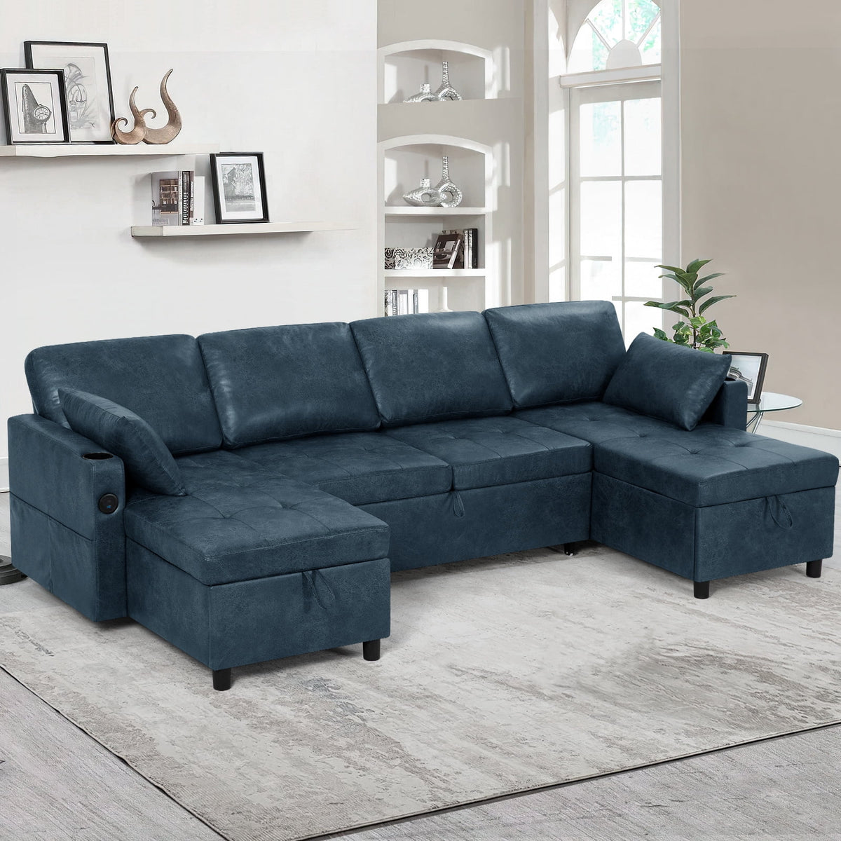 ACMEASE 108" Suede Leather Sectional Sofa w/Adjustable Backrests, Pull Out Sofa Bed w/USB Charger Port& Reversible Storage Chaise,Convertible U-Shaped Sofa with Cup Holders for Living Room,Blue